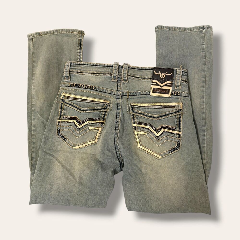 Platini Jeans Mens 34x32 Straight Leg Embellished Back Pocket Light Wash